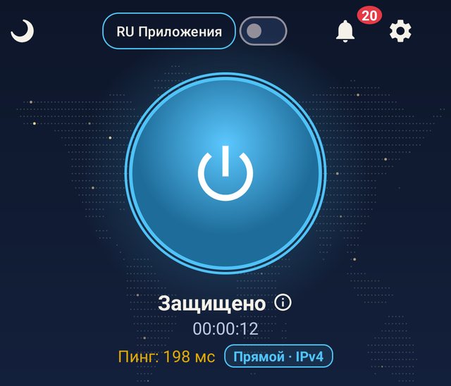 Экран Маяка после подключения: «Защищено», путь «Прямой · IPv4»
